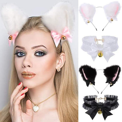 1Set Cat Ear Headband With Bells Necklace Plush Furry Cat Ears Headwear Fancy Dress Hairband Women Girls Party Cosplay Headwear - GOLDEN TOUCH APPARELS WOMEN