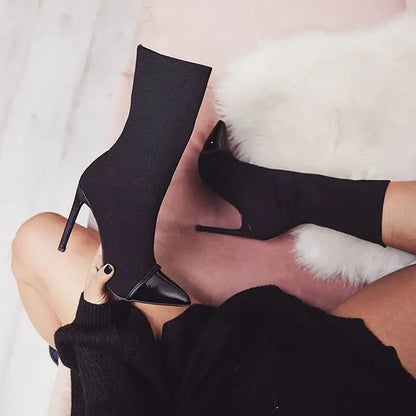 New Arriva Stretch Fabric Women Ankle Boots Pointed Toe High Heels Slip-On Sexy Sock heels Chelsea Boots  2019