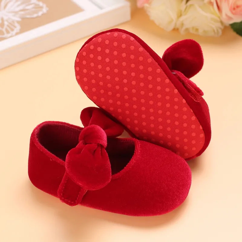 Christmas Red Velvet Princess Baby Shoes with Bow, Size 0-18 Months