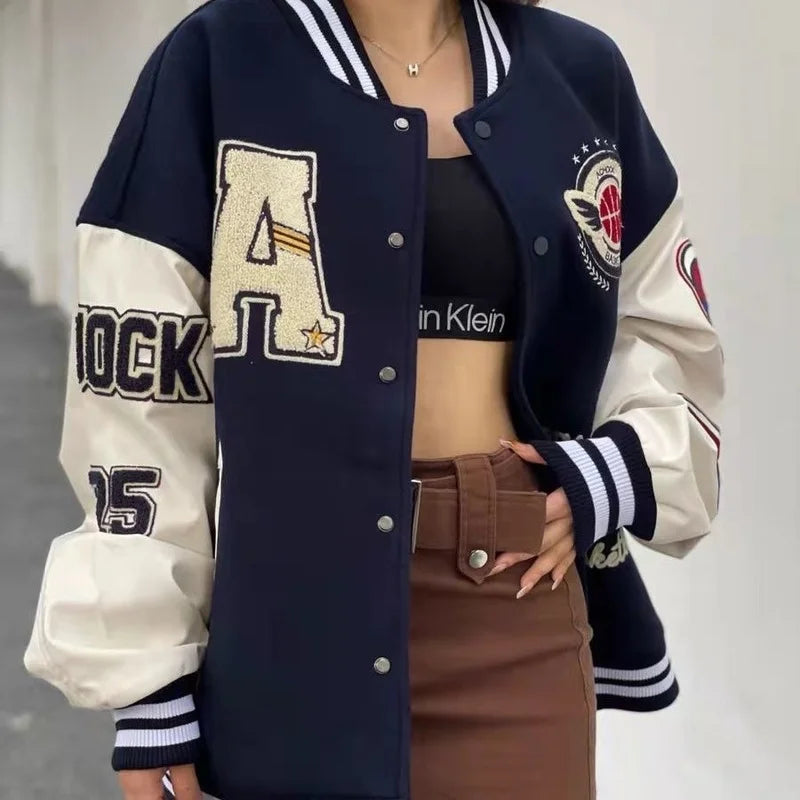 Retro American Letter Embroidered Flocked Baseball Jacket - Y2K Street Hip-Hop Style, 2021 New College Couple Outfit