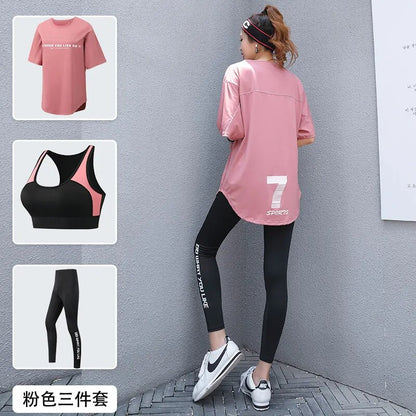 Women 2/3 Piece Set Breathable Quick Dry Fitness Gym Loose T Shirt+Bra+Leggings Sports Running Yoga Suits Plus Size