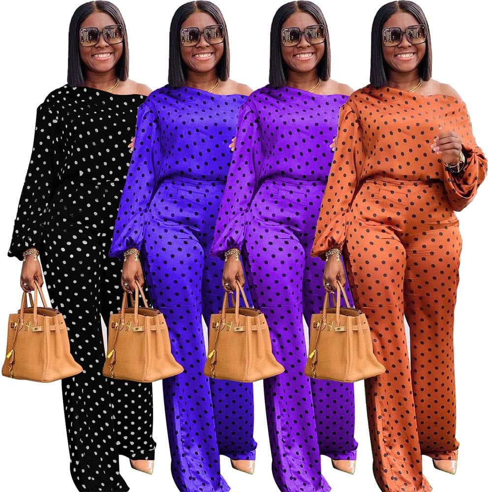Newest Items  Women Tracksuits 2021 Fashion Dot Print Slash Neck Long Sleeves Loose Wide Leg Pants Jogger Two Pieces Outfits.