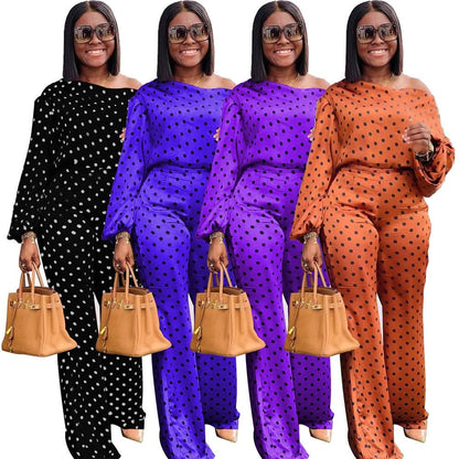 Newest Items  Women Tracksuits 2021 Fashion Dot Print Slash Neck Long Sleeves Loose Wide Leg Pants Jogger Two Pieces Outfits.