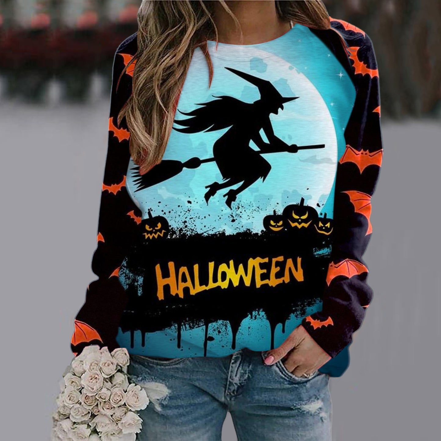 Halloween Sweatshirt for Women, Fun Graphic Print Crew Neck Long Sleeve Sweatshirts Pullover, Women's Fashion Tops