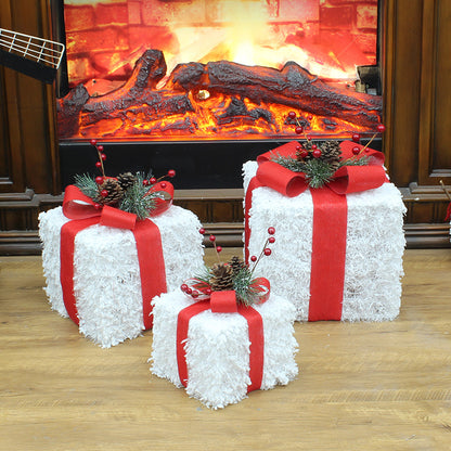 Christmas decorations with lights glowing white flocking three-piece gift box stacking vertical gift bag scene decoration