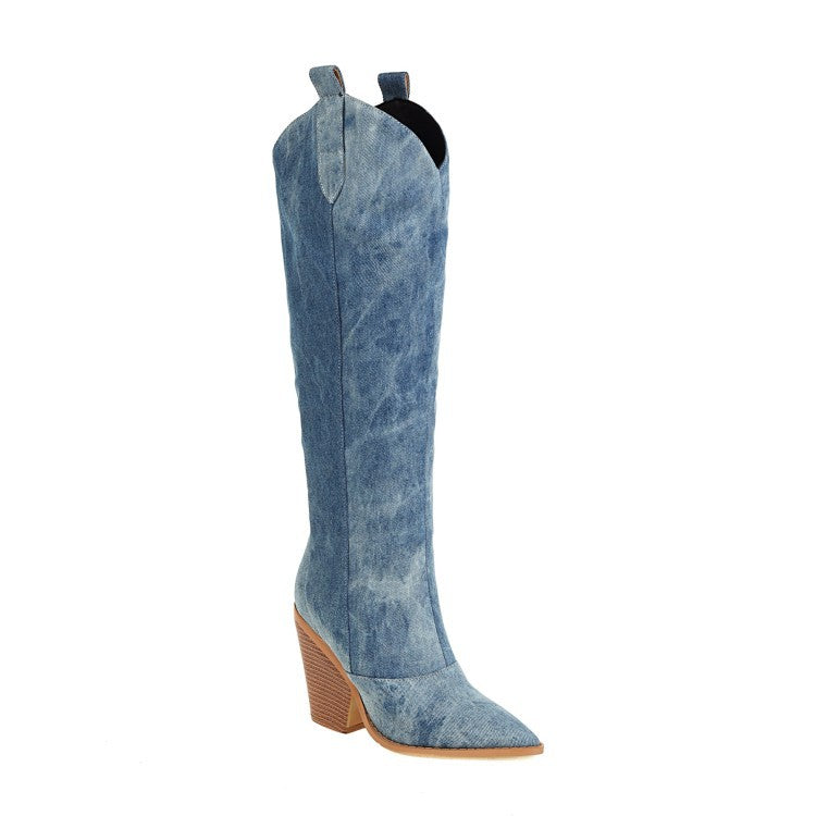 Women's Denim Knee-High Rain Boots with Pointed Toe and High Heel GOLDEN TOUCH
