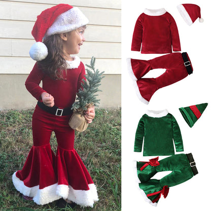 Boys, Girls, Europe, America, Spring, Autumn and Winter Christmas Long Sleeve Top + Flared Pants + Hat Three-piece Children's Clothing