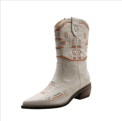 Western mid-tube pointed embroidered retro leather boots