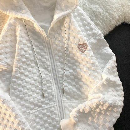 Love Letter Embroidered Zipper Cardigan Jacket - White, Long Sleeve, Autumn/Winter