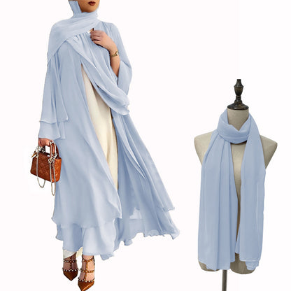 European and American solid soft chiffon large size women's dress with headscarf