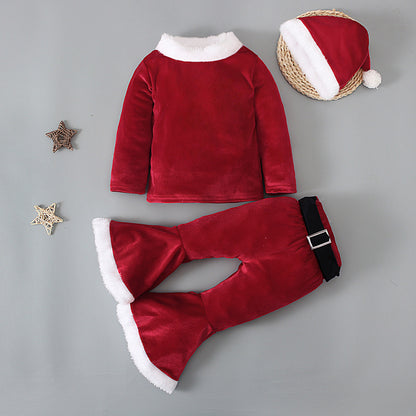 Boys, Girls, Europe, America, Spring, Autumn and Winter Christmas Long Sleeve Top + Flared Pants + Hat Three-piece Children's Clothing