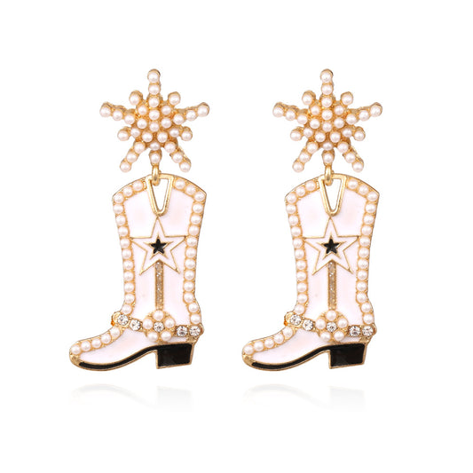 European and American Christmas earrings exaggerated creative oil dripping boots inlaid pearl earrings personality temperament snowflake earrings cross-border