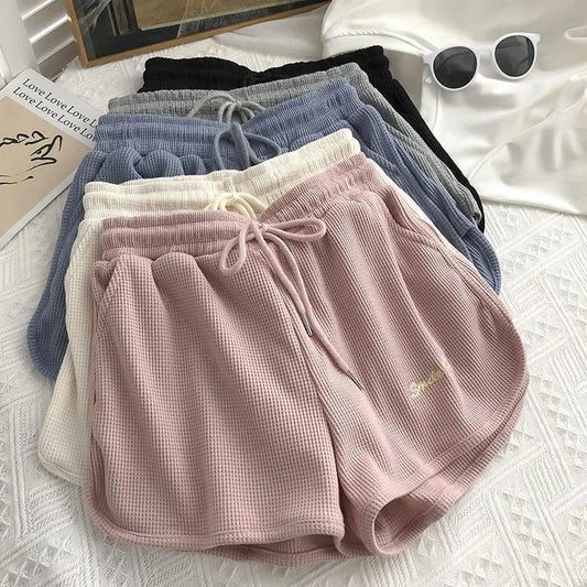 Shorts Women's Sports Fashion Waffle Pink Summer Student Thin Section Loose Wide Legs Casual High Waist Hot Pants.