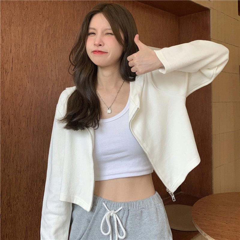 autumn solid color high waist short zipper hooded sweater female loose sports casual cardigan show thin exotic female