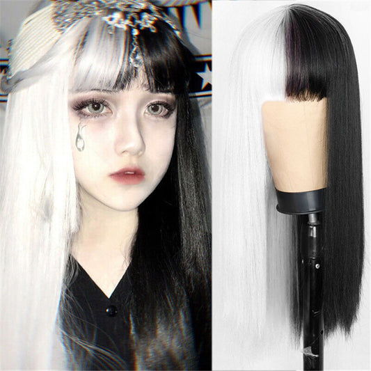 Cosplay anime fake female black white yin yang color air Liu Hai Chang straight female chemical fiber WIG empty store new.