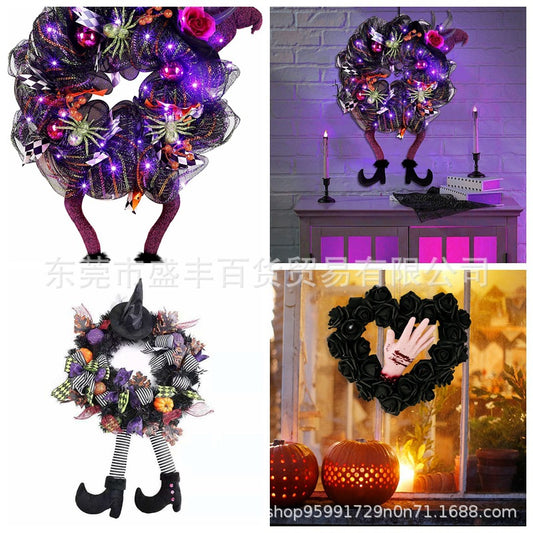 Halloween Witch Wreaths for Front Door with Witch Hat Legs Pumpkin Harvest Silk Halloween Hanging Decor Wreath Sign Halloween Decorations