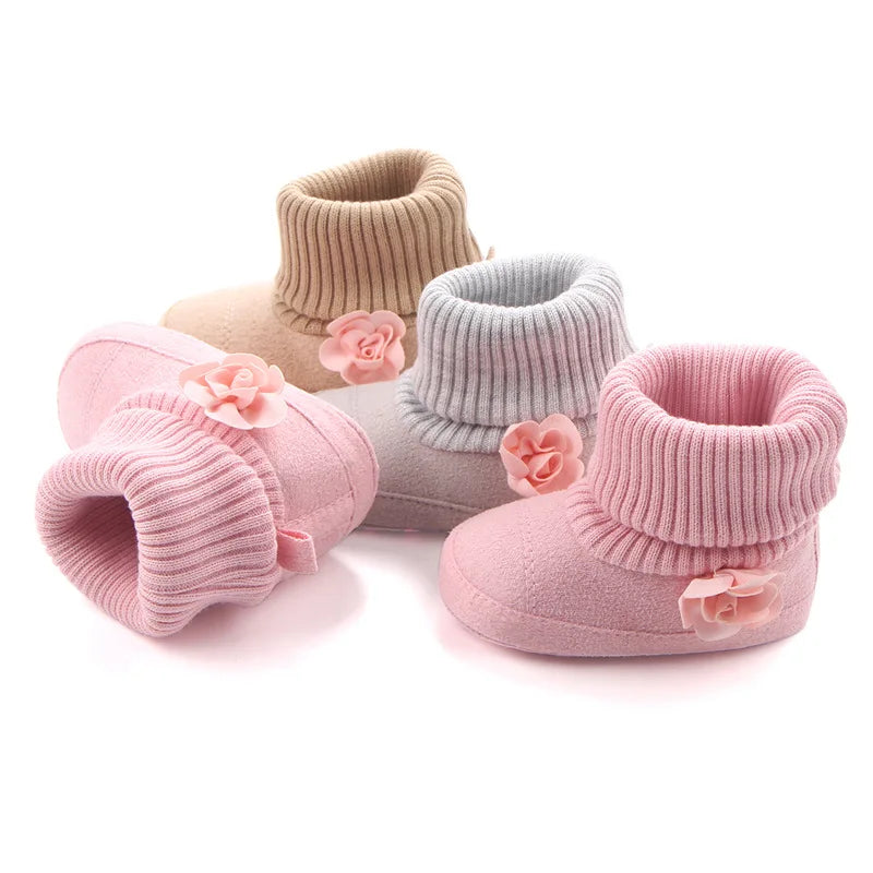 Winter Warm Knitting Baby Boots - Cute Flower Booties for Baby Girl/Boy - Soft Sole & Anti-skid