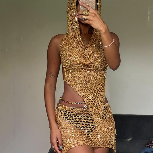 Gtpdpllt Y2k Sexy Two Piece Set Hollow Out Knit Sequin Hooded Crop Top And Mini Skirt Crochet Rave Festival Outfits For Women - GOLDEN TOUCH APPARELS WOMEN