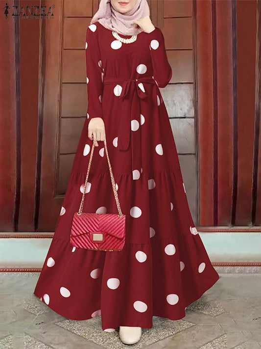 Mulsim Dubai Turkey Hijab Sundress ZANZEA Women's Vintage Polka Dot Printed Abaya Dress Femme Robe Maxi Dress Islamic Clothing - GOLDEN TOUCH APPARELS WOMEN