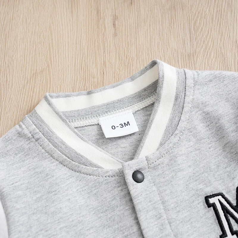 Boys and Girls Baseball Jersey Bodysuit with Letter Embroidery, Long Sleeve, Cotton, Comfortable