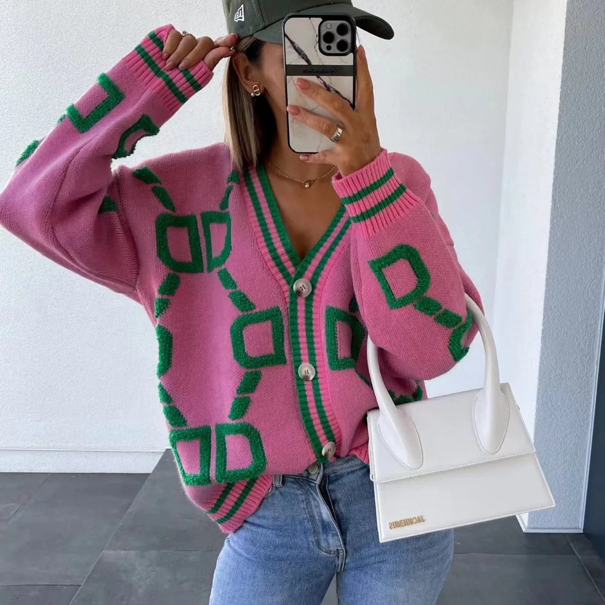 Women's 2023 Autumn Winter Knitted V-Neck Cardigan - Long Sleeve Loose Fit - Thick Warm Sweater - Green Casual Print