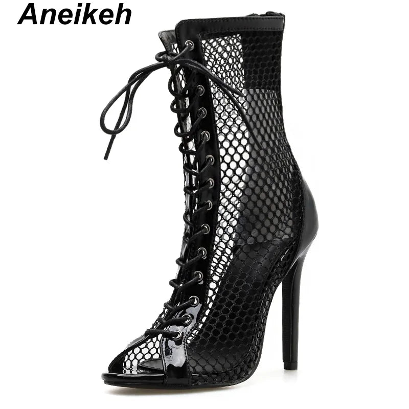 Women's Stylish Mesh High Heel Ankle Boots - Lace-Up, Hollow Out Design, Open Toe, Sexy Sandals - Black/White Options Available