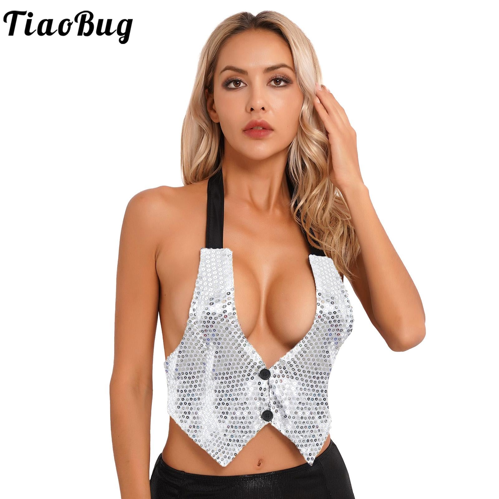 Sexy Womens Shiny Sequined Button Down Vest Waistcoat Self-Tie Backless Club Crop Top Rave Party Nightclub Performance Costumes - GOLDEN TOUCH APPARELS WOMEN