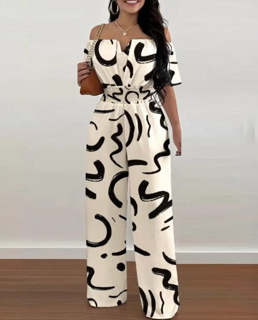 Summer Fashion Printed Wide Leg Jumpsuit Women Sexy Beach Style Off-shoulder High Waist Jumpsuit Womem - GOLDEN TOUCH APPARELS WOMEN