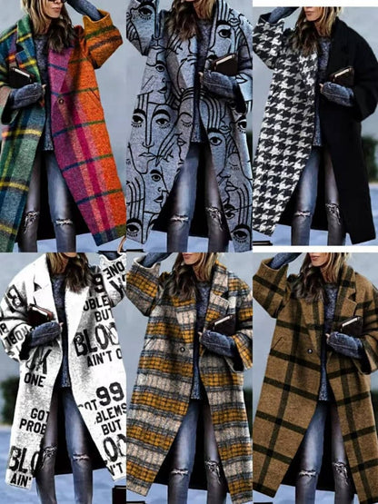 2023 Autumn Women's Woolen Coats and Jackets Women Color Checkered Printed Long Sleeve Polo Long Coats - GOLDEN TOUCH APPARELS WOMEN