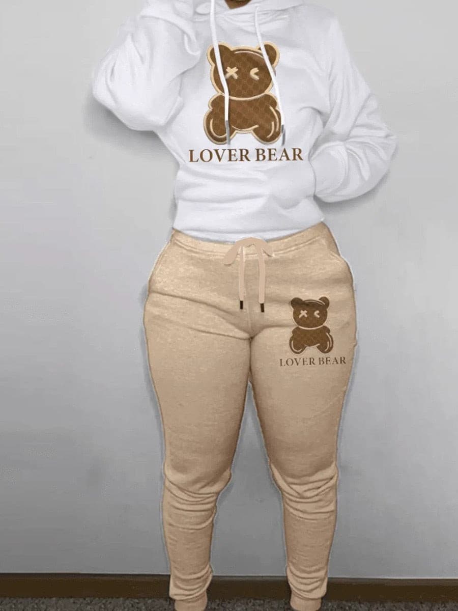 Lw Lovely Bear Letter Print Kangaroo Pocket Tracksuit Set Long Sleeve Hoodie+drawstring Trousers Women Two Pieces Matching Suits.
