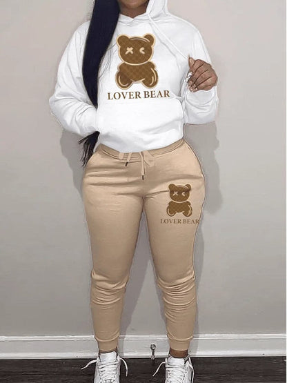 Lw Lovely Bear Letter Print Kangaroo Pocket Tracksuit Set Long Sleeve Hoodie+drawstring Trousers Women Two Pieces Matching Suits.