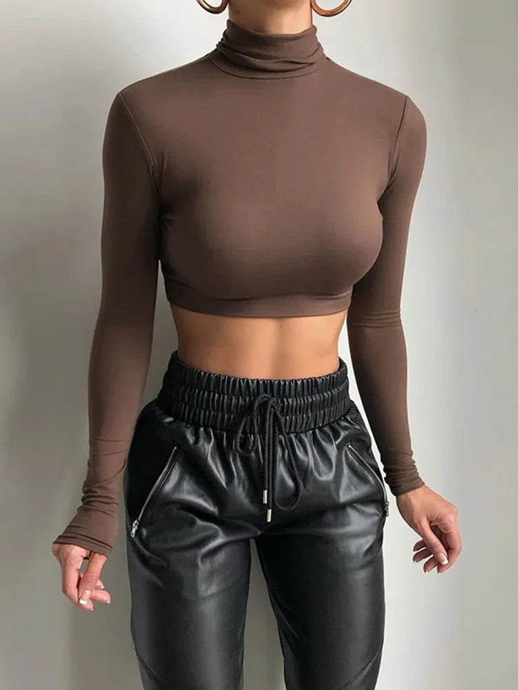 Women Solid Turtleneck Stretch Casual Crop Tops