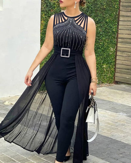 2023 Sumer Women's Sexy Round Neck Rhinestone Sheer Mesh Sleeveless Jumpsuit with Belt New Fashion Rompers Womens Jumpsuit - GOLDEN TOUCH APPARELS WOMEN