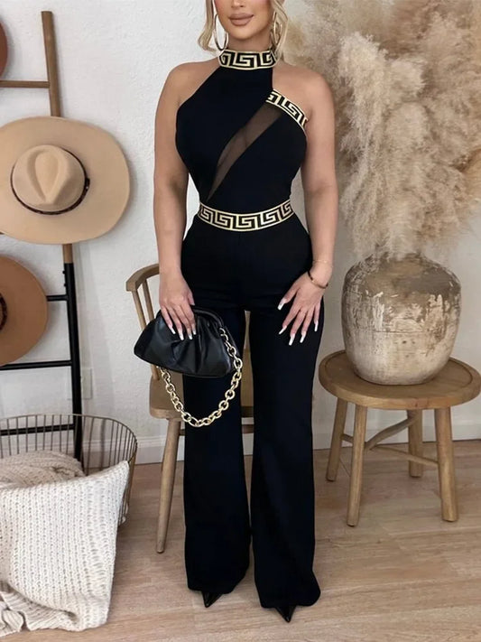 Geo Tape Patch Sheer Mesh Jumpsuit - 2023 New Fashion One-Piece Casual Sets for Women Tracksuits