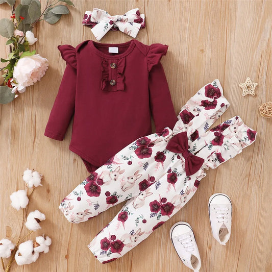 "Infant Girl Red Long Sleeve Bodysuit and Flower Strap Pants Set - New Years Clothing Suit (0-18 Months)"