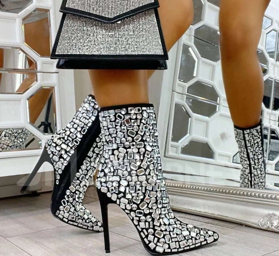 Elegant Crystal Heeled Boots with Rhinestones and Pointed Toe - Luxury Designer Style, Perfect for Banquets and Events - Stiletto Handmade Women's Boots