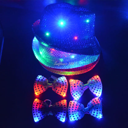 Woman Men LED Light  Sequin Jazz Hat Cap Bow  Tie Glasses Glow Rave Party Bar Parade  Costume  Wedding  Carnival - GOLDEN TOUCH APPARELS WOMEN