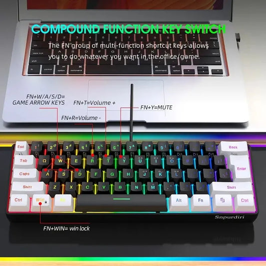 Mini Gaming Keyboard - Wired, Ultra-Compact with RGB Backlight and Waterproof Design - 61 Keys for PC/Mac Gamers