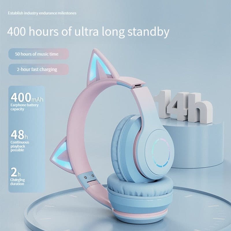 Wireless Bluetooth Headset Foldable Music Gradient Color Flash Lovely Cat Ear With Mic Gamer Headphones Girls Christmas Gifts - GOLDEN TOUCH APPARELS WOMEN