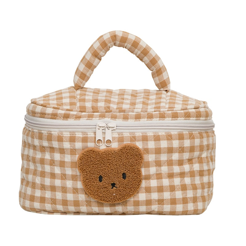 Cute Bear Khaki Makeup Bag Large Capacity Portable Cosmetic Bags Zipper Pure Cotton Plaid Brushes Pouch Case For Women Girls.