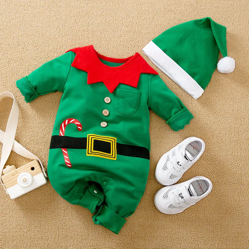 "Christmas Baby Clothing: Green Elf Style Long Sleeve Cotton One Piece Hat Set for Boys and Girls"