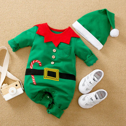 "Christmas Baby Clothing: Green Elf Style Long Sleeve Cotton One Piece Hat Set for Boys and Girls"