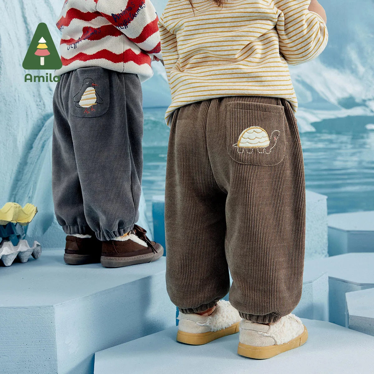 Warm Winter Padded Baby Pants - Unisex, Solid Color, Cartoon Pattern, Pocket, Casual Leggings