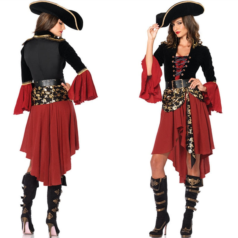 Ataullah Female Caribbean Pirates Captain Costume Halloween Role Playing Cosplay Suit Medoeval Gothic Fancy Woman Dress DW004 - GOLDEN TOUCH APPARELS WOMEN