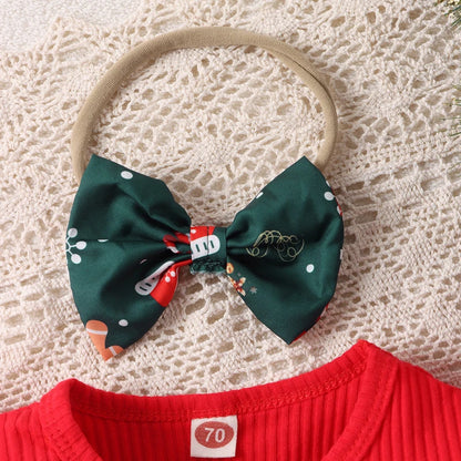Christmas Newborn Baby Girls Romper with Santa Hat Print & Headband Outfit