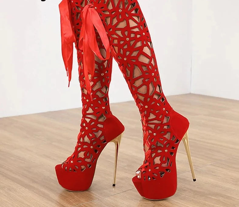 Ultra Thin High Heels Knee Boots Women Peep Toe Lace-Up Zip Platform