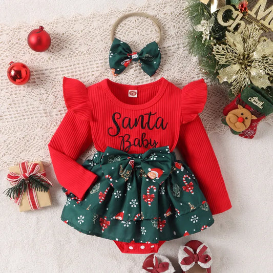 Christmas Newborn Baby Girls Romper with Santa Hat Print & Headband Outfit