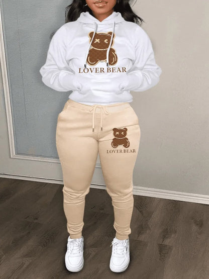 Lw Lovely Bear Letter Print Kangaroo Pocket Tracksuit Set Long Sleeve Hoodie+drawstring Trousers Women Two Pieces Matching Suits.