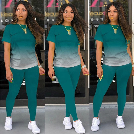 Women Outfit Two Piece Gradient Color Set Leisure Short Sleeve+Pant Suits Tracksuit Female Spring Summer Clothes Sports Outfits.