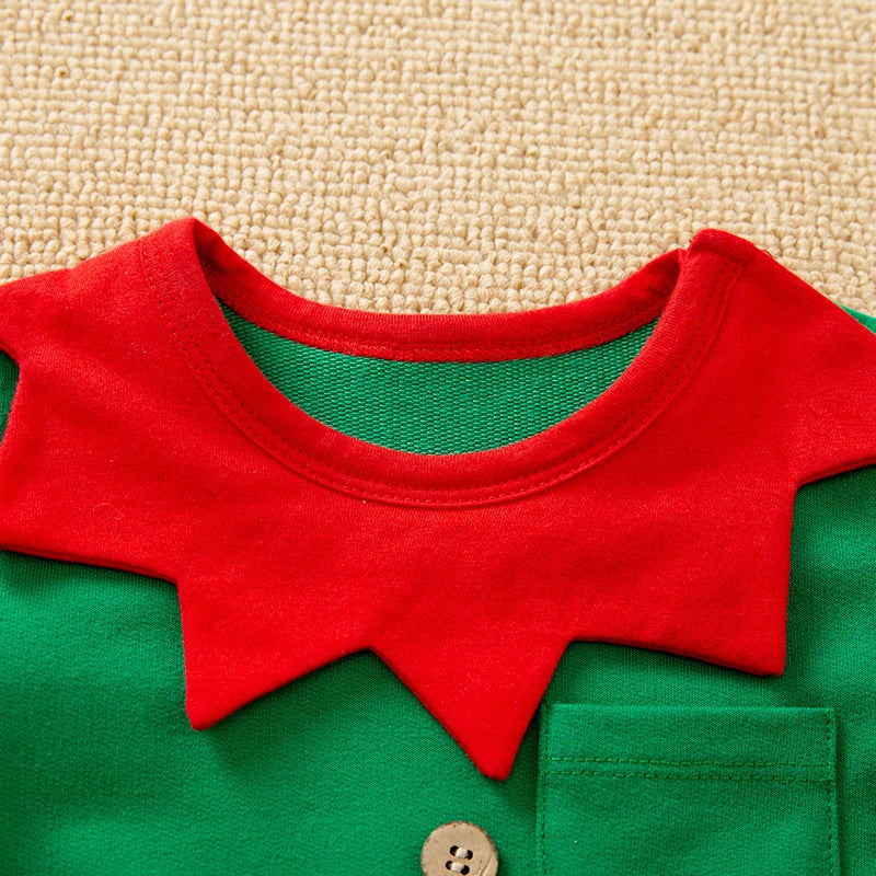 "Christmas Baby Clothing: Green Elf Style Long Sleeve Cotton One Piece Hat Set for Boys and Girls"